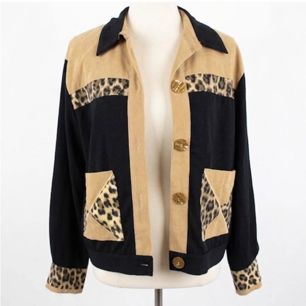 Vintage Saint Germain Leopard Trim Blouse 80s 90s Western Glam Chic- Small